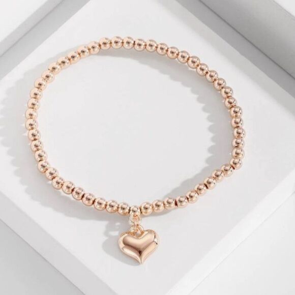 Jewelry - Rose Gold Bead Strech Bracelet Beaded Heart Charm Bracelet Gift For Her